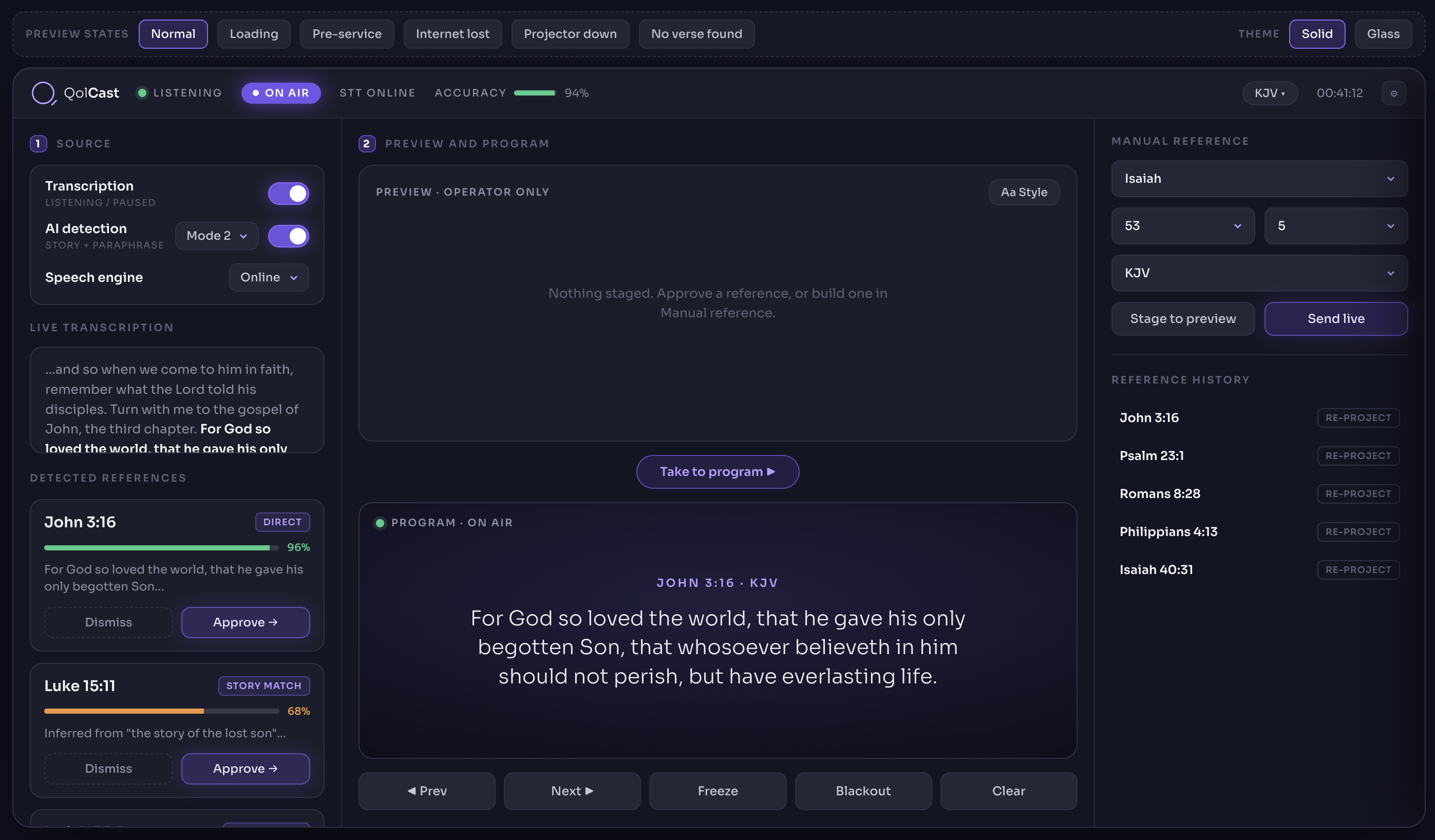 The QolCast operator console: detected references John 3:16 and Luke 15:11 waiting for approval, a preview panel, and the program screen showing John 3:16 on air.